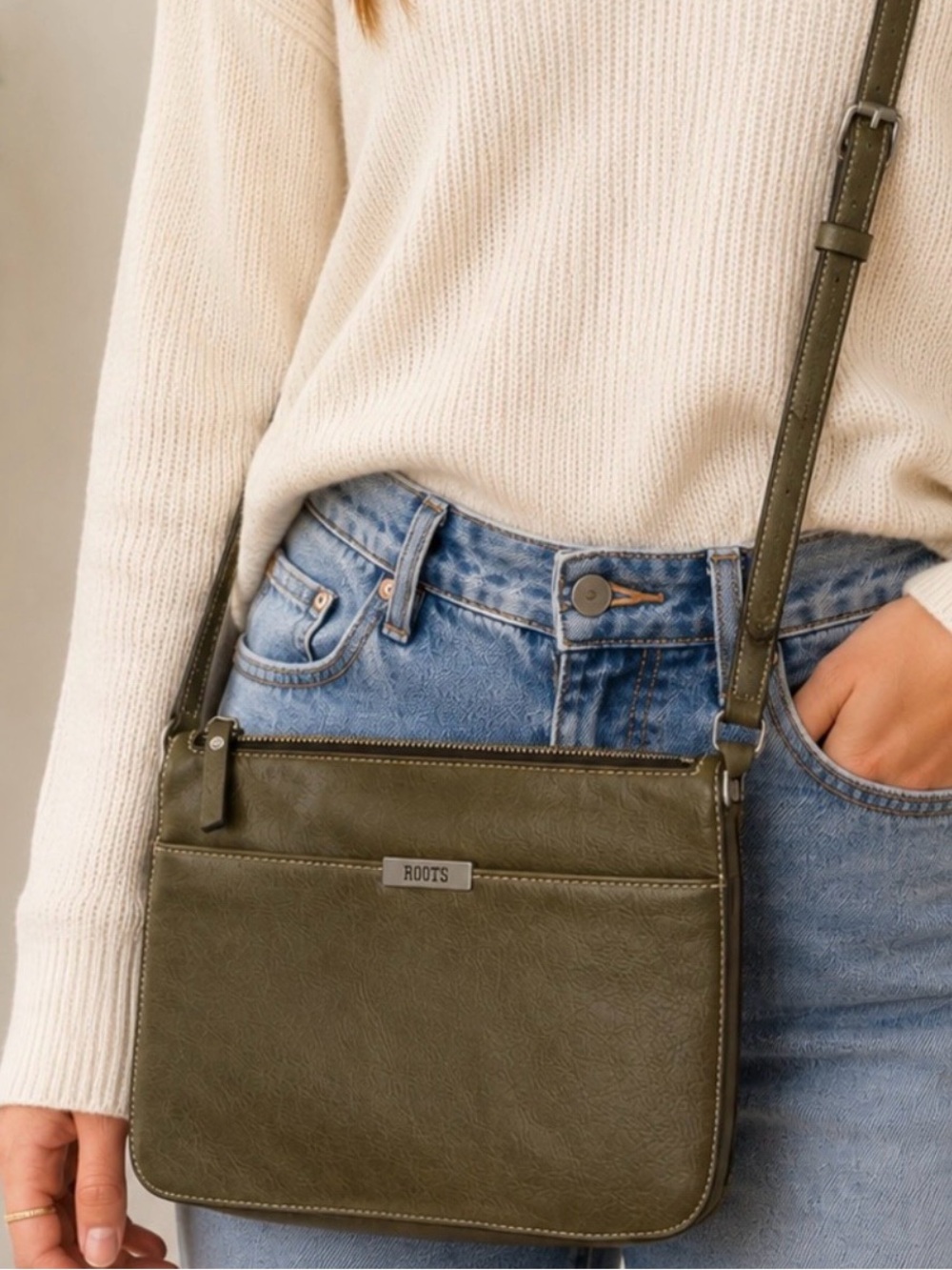 Roots Canada Olive Green Faux Leather Crossbody Bag Adjustable Strap